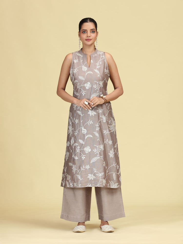 Taupe Gray Floral Embroidered Sleeveless Co-Ord Set