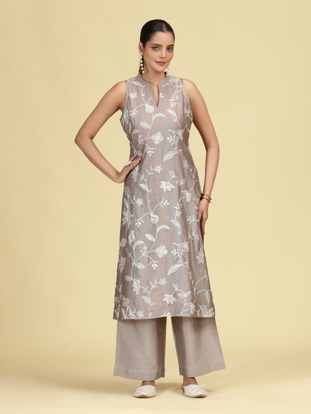 Taupe Gray Floral Embroidered Sleeveless Co-Ord Set