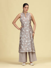 Taupe Gray Floral Embroidered Sleeveless Co-Ord Set