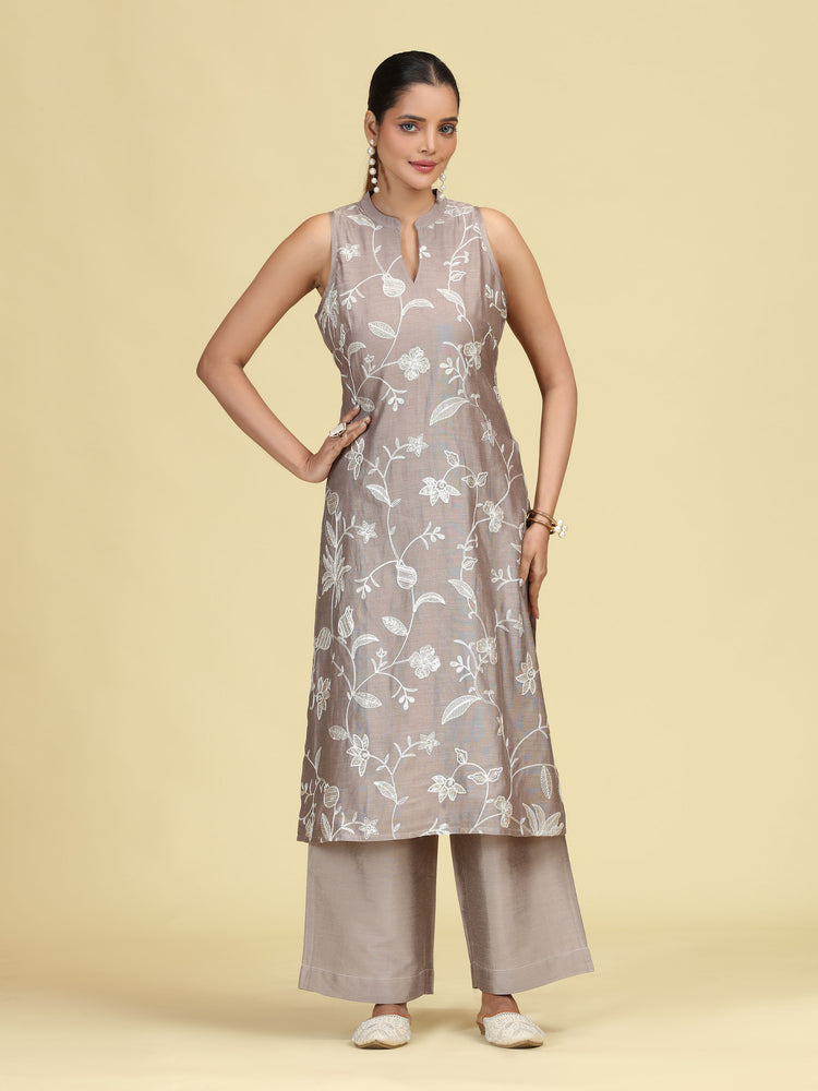 Taupe Gray Floral Embroidered Sleeveless Co-Ord Set