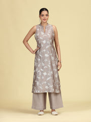 Taupe Gray Floral Embroidered Sleeveless Co-Ord Set