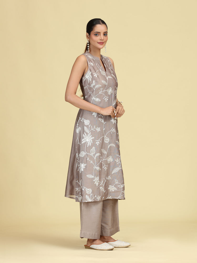 Taupe Gray Floral Embroidered Sleeveless Co-Ord Set