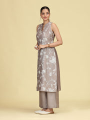 Taupe Gray Floral Embroidered Sleeveless Co-Ord Set