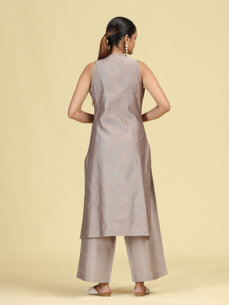Taupe Gray Floral Embroidered Sleeveless Co-Ord Set