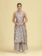 Taupe Gray Floral Embroidered Sleeveless Co-Ord Set