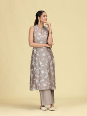 Taupe Gray Floral Embroidered Sleeveless Co-Ord Set