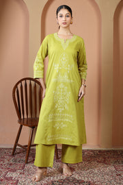 Lime Green Floral Embroidered Pure Cotton Ethnic Co-Ord Set