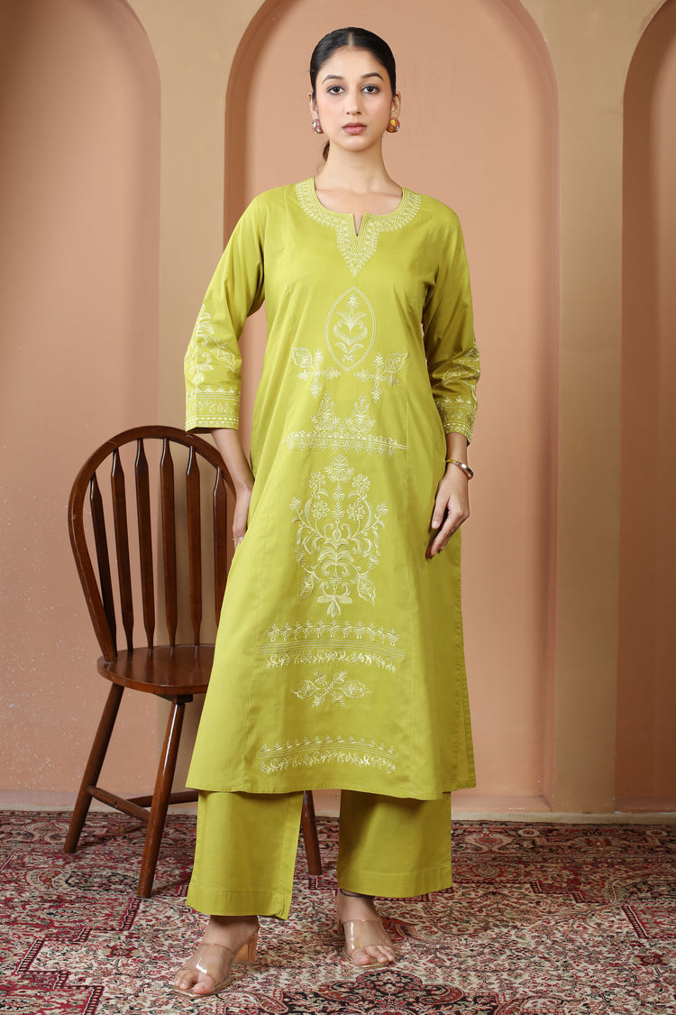 Lime Green Floral Embroidered Pure Cotton Ethnic Co-Ord Set