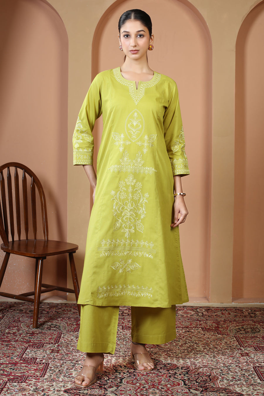 Lime Green Floral Embroidered Pure Cotton Ethnic Co-Ord Set