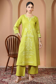 Lime Green Floral Embroidered Pure Cotton Ethnic Co-Ord Set