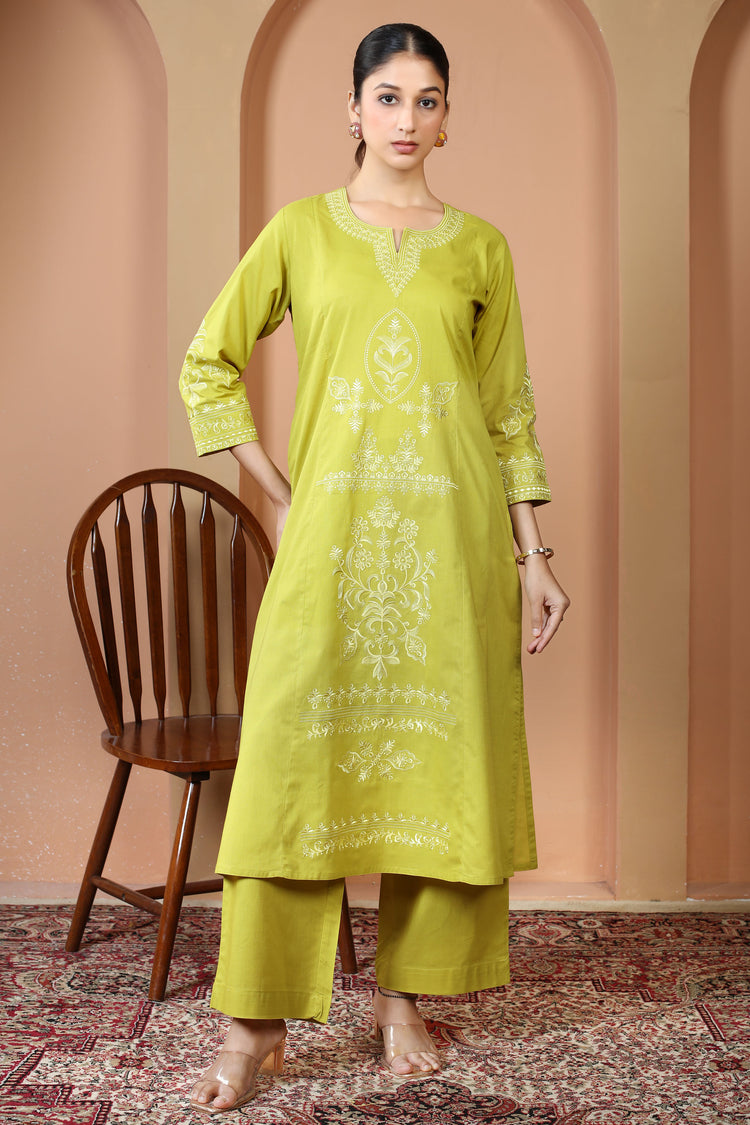 Lime Green Floral Embroidered Pure Cotton Ethnic Co-Ord Set