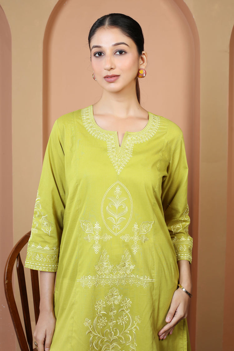 Lime Green Floral Embroidered Pure Cotton Ethnic Co-Ord Set
