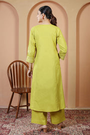 Lime Green Floral Embroidered Pure Cotton Ethnic Co-Ord Set