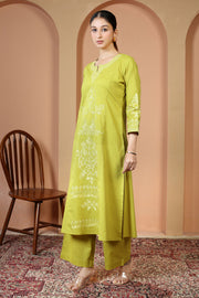 Lime Green Floral Embroidered Pure Cotton Ethnic Co-Ord Set