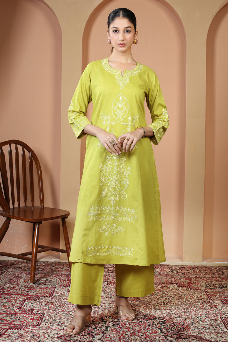 Lime Green Floral Embroidered Pure Cotton Ethnic Co-Ord Set