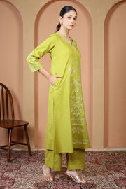 Lime Green Floral Embroidered Pure Cotton Ethnic Co-Ord Set