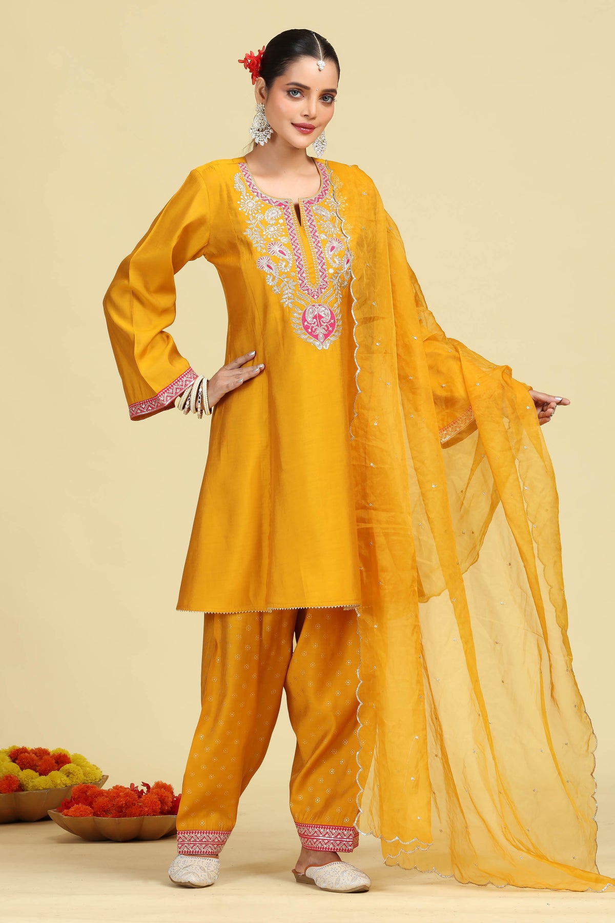 Turmeric Yellow Embroidered Ethnic Suit Set
