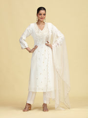 Off White A-Line Floral Embroidered Ethnic Suit Set