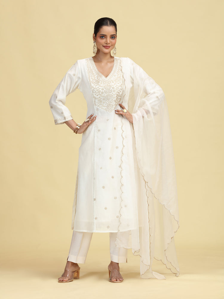 Off White A-Line Floral Embroidered Ethnic Suit Set