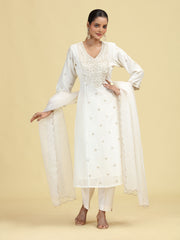 Off White A-Line Floral Embroidered Ethnic Suit Set