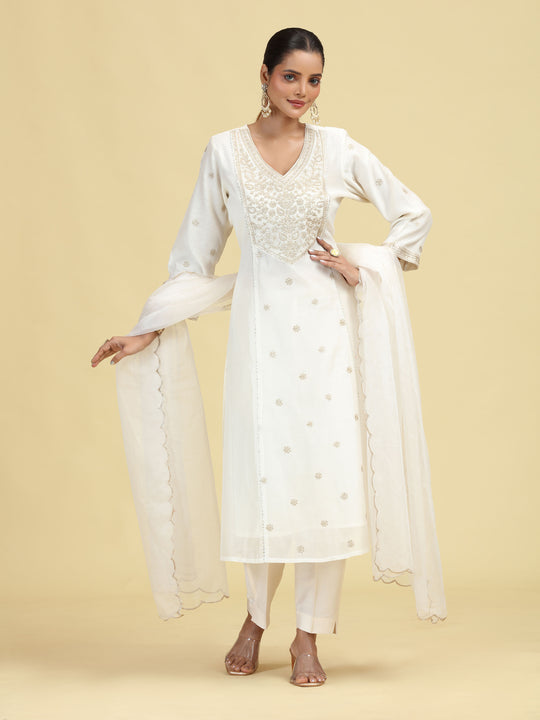 Off White A-Line Floral Embroidered Ethnic Suit Set