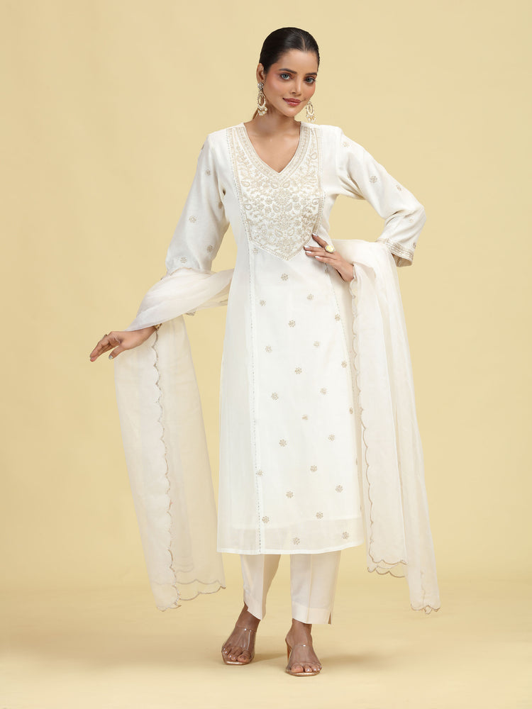 Off White A-Line Floral Embroidered Ethnic Suit Set