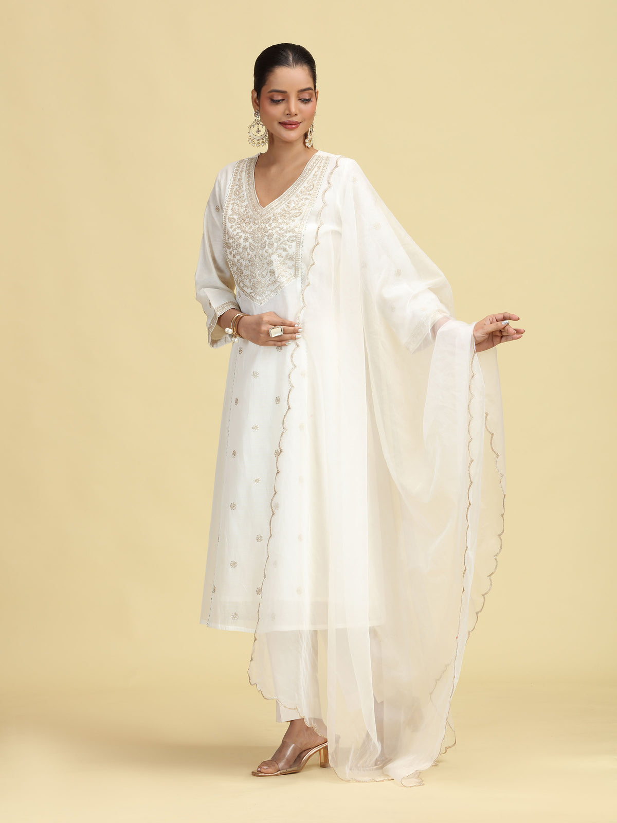 Off White A-Line Floral Embroidered Ethnic Suit Set