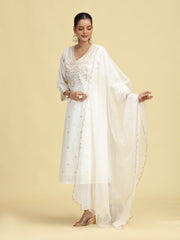 Off White A-Line Floral Embroidered Ethnic Suit Set