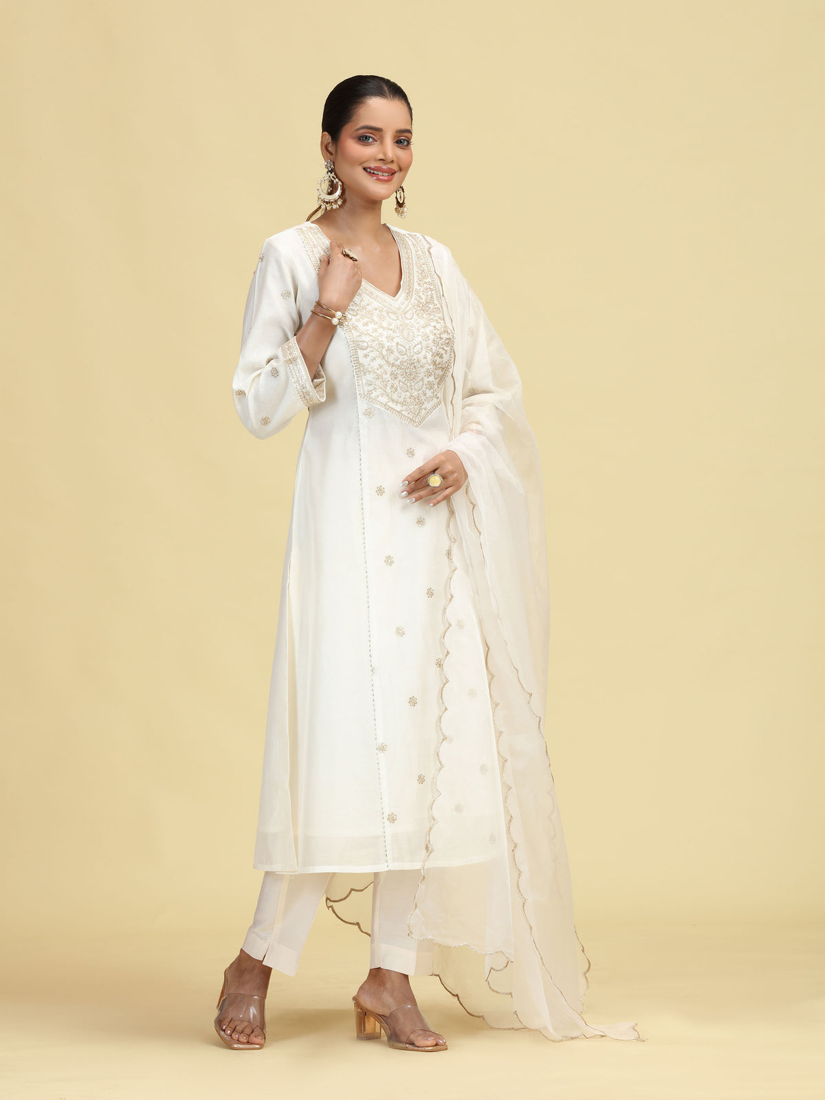 Off White A-Line Floral Embroidered Ethnic Suit Set