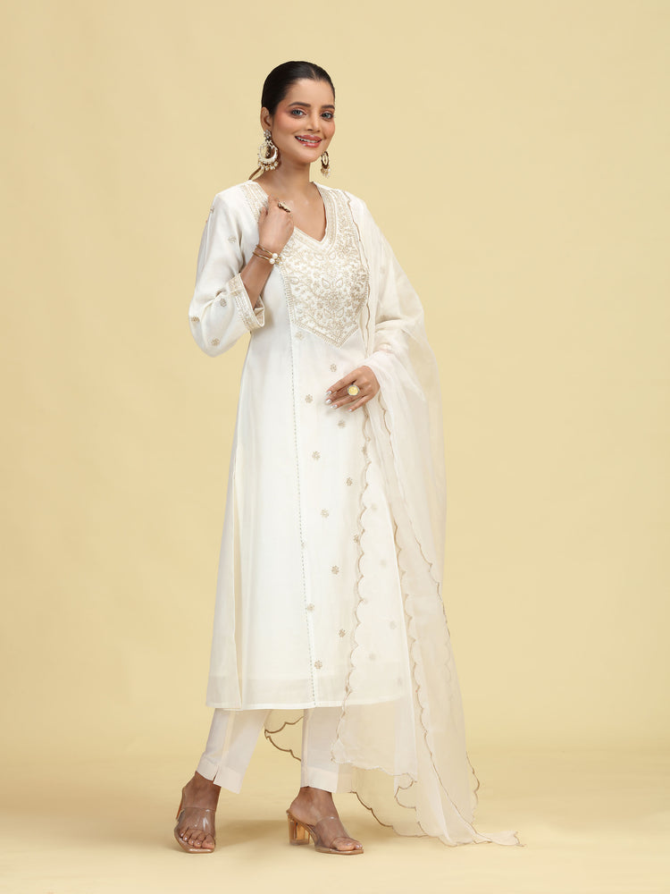 Off White A-Line Floral Embroidered Ethnic Suit Set