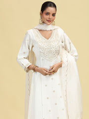Off White A-Line Floral Embroidered Ethnic Suit Set