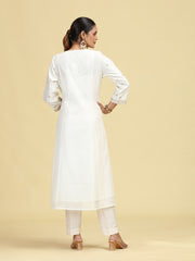 Off White A-Line Floral Embroidered Ethnic Suit Set