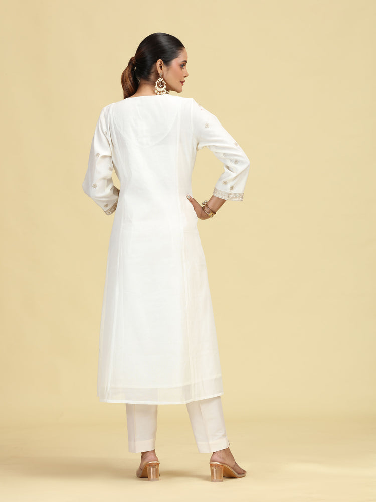Off White A-Line Floral Embroidered Ethnic Suit Set