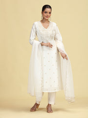 Off White A-Line Floral Embroidered Ethnic Suit Set