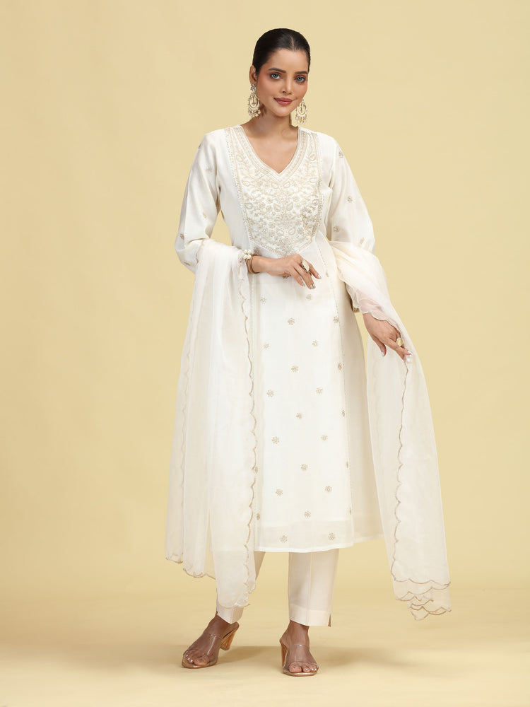 Off White A-Line Floral Embroidered Ethnic Suit Set