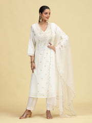 Off White A-Line Floral Embroidered Ethnic Suit Set