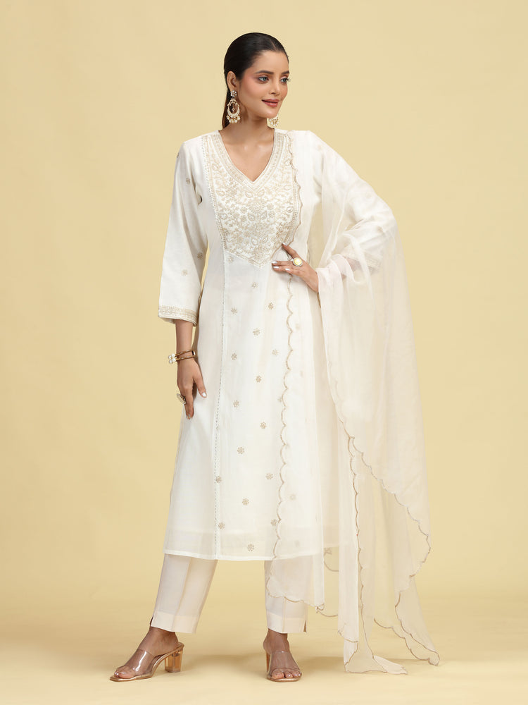 Off White A-Line Floral Embroidered Ethnic Suit Set