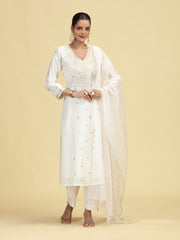 Off White A-Line Floral Embroidered Ethnic Suit Set