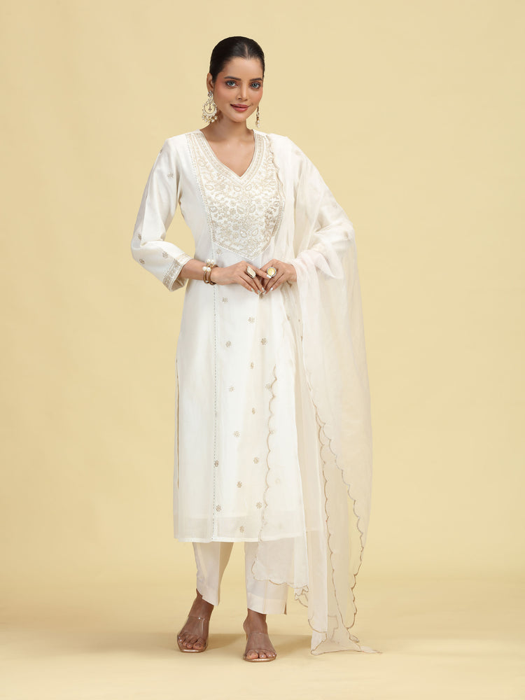 Off White A-Line Floral Embroidered Ethnic Suit Set