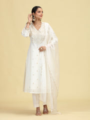 Off White A-Line Floral Embroidered Ethnic Suit Set