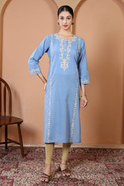 Sky Blue Pure Cotton Embroidered Kurta