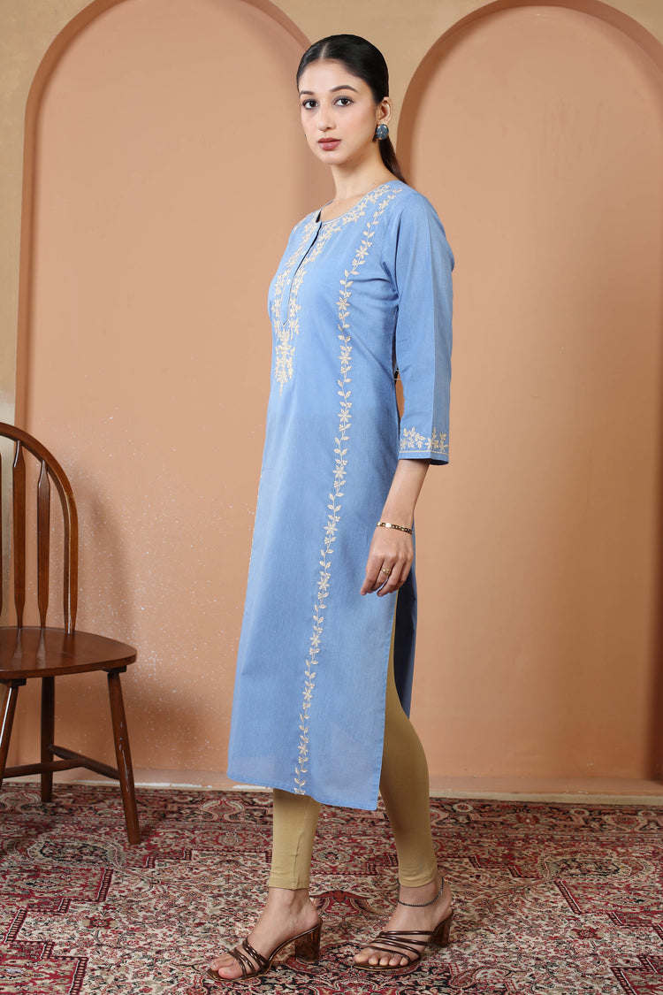 Sky Blue Pure Cotton Embroidered Kurta
