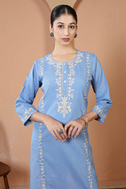 Sky Blue Pure Cotton Embroidered Kurta
