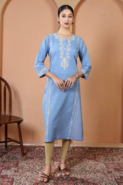 Sky Blue Pure Cotton Embroidered Kurta