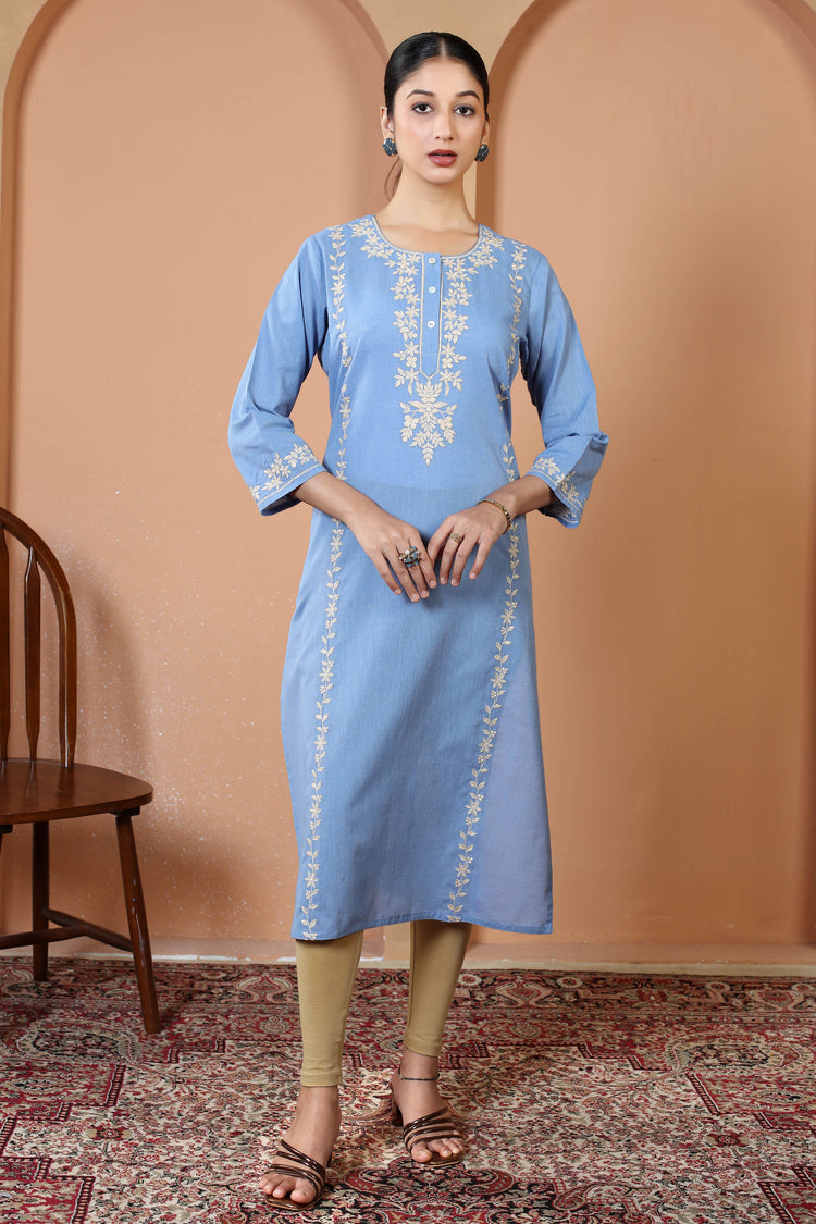 Sky Blue Pure Cotton Embroidered Kurta