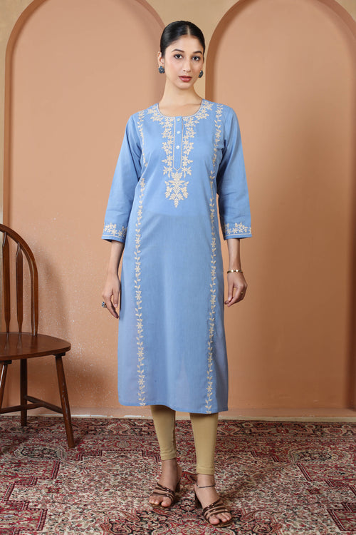 Sky Blue Pure Cotton Embroidered Kurta