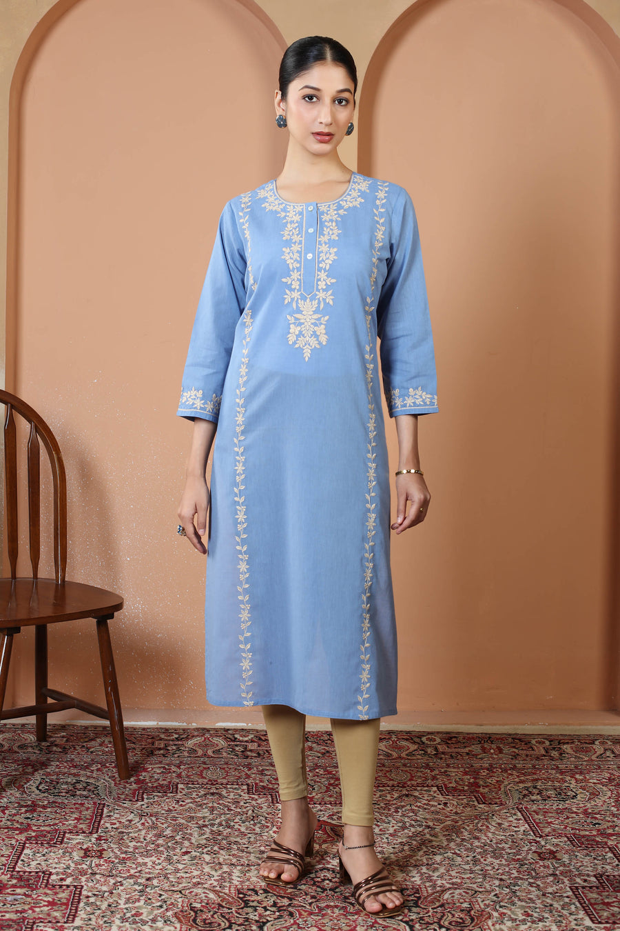 Sky Blue Pure Cotton Embroidered Kurta