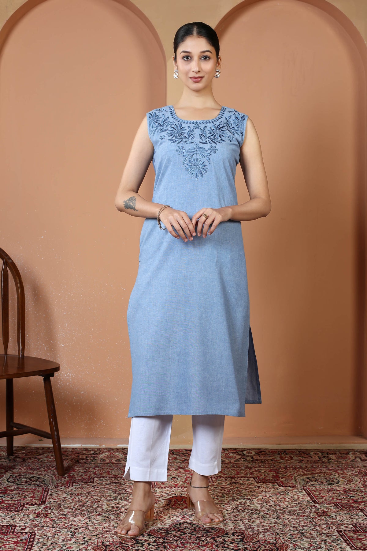 Light Blue Pure Cotton Embroidered Straight Kurta