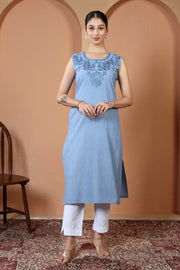 Light Blue Pure Cotton Embroidered Straight Kurta