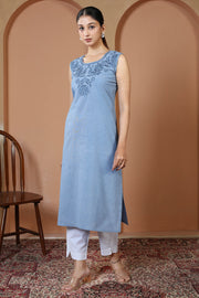 Light Blue Pure Cotton Embroidered Straight Kurta